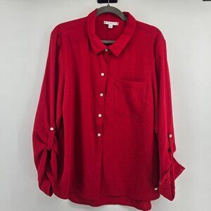 Tommy Hilfiger Button Front Roll Tab Sleeve Blouse - XL Red